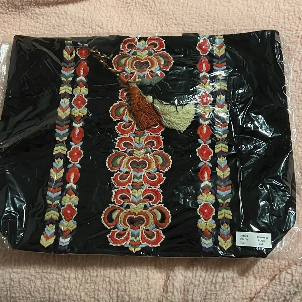 Boutique Brand Black Hand Embroidered Velvet Tote Multi Tassel Bag NWT - (#0420)